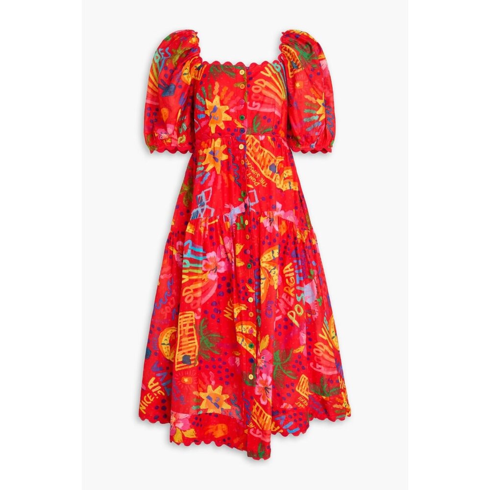 NWT FARM Rio Good Vibes Midi in Red Rainbow Swiss Dot Shirt Dress XS